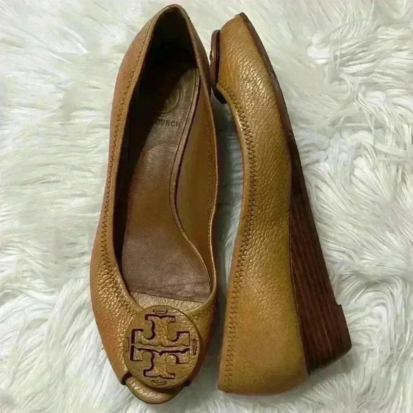 Tory Burch Brown Leather Sally Wedge Pumps Size 8M - Picture 12 of 13